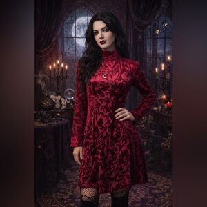 Vintage Dawn Joy Fashions Red Velvet Burnout  Floral Mock Neck Dress 90s Y2K Q17